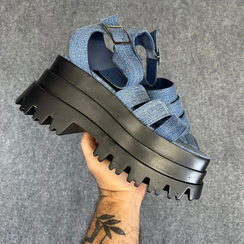 Lemonade Denim Platform Sandals Blue Lug Sole Chunky Slingback BL8978 Size 6